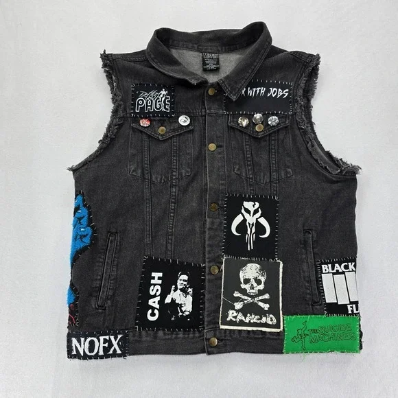 Punk Rock Vest Mens XXL Black Denim Patched Sleeveless Jacket Custom Patches - Picture 2 of 16